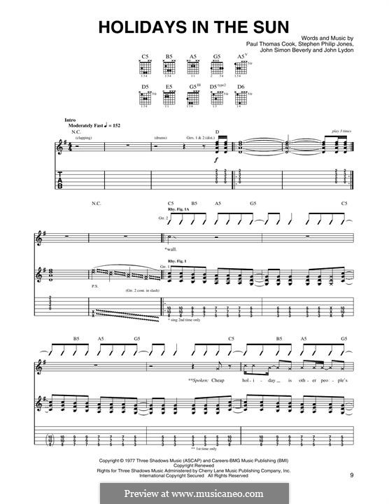Holidays in the Sun (The Sex Pistols): For guitar with tab by Stephen Jones, Johnny Rotten, Paul Thomas Cook, Sid Vicious
