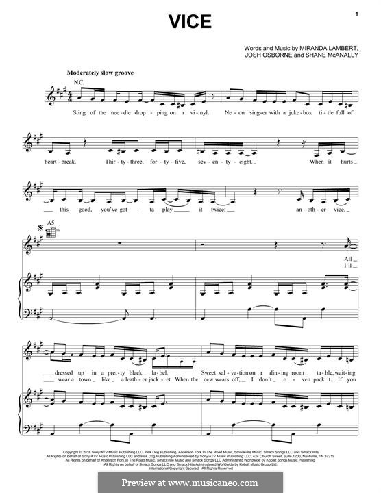 Vice: For voice and piano (or guitar) by Miranda Lambert, Shane McAnally, Josh Osborne