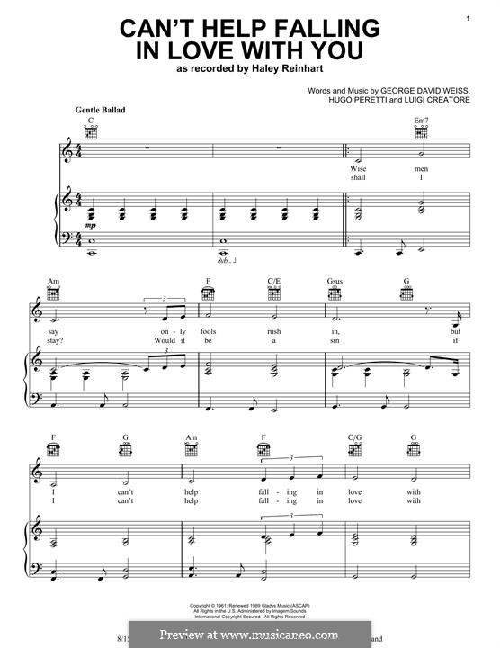 Can T Help Falling In Love By G D Weiss H Peretti L Creatore On Musicaneo Can T Help Falling In Love By G D Weiss H Peretti L Creatore On Musicaneo