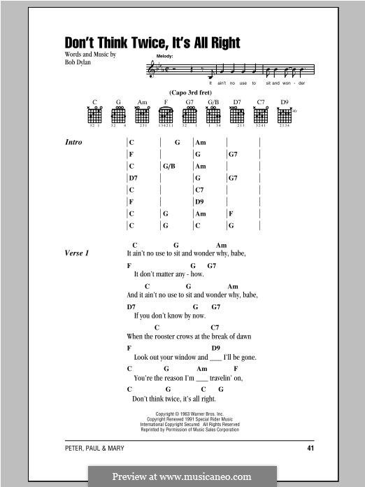 Don't Think Twice, It's Alright: Lyrics and chords by Bob Dylan