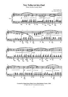 Six Romances, TH 93 Op.6: No.6 None But the Lonely Heart, for piano by Pyotr Tchaikovsky