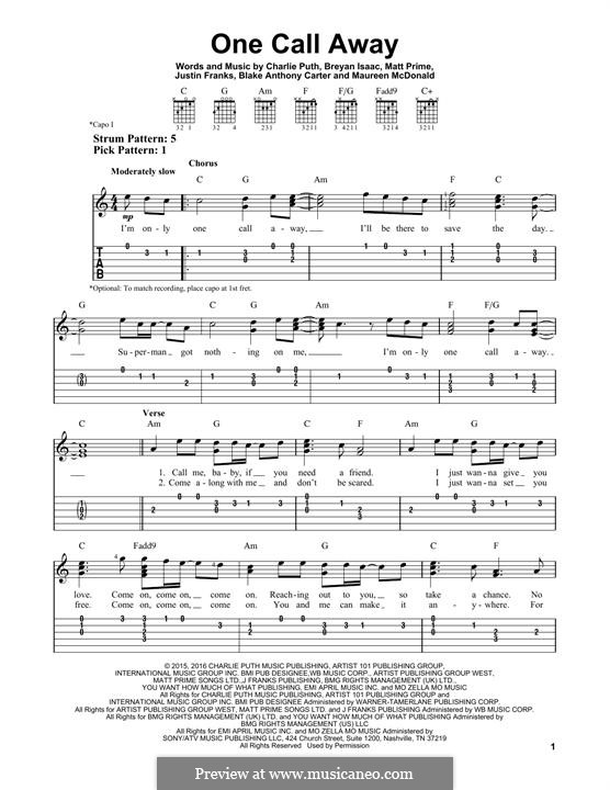 One Call Away: For guitar with tab by Justin Franks, Matthew Prime, Shy Carter, Breyan Isaac, Maureen McDonald, Charlie Puth