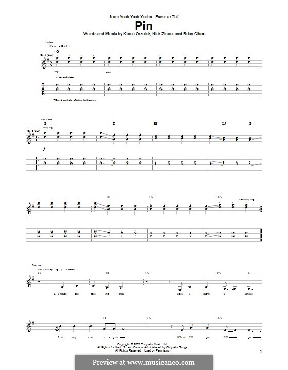 Pin (Yeah Yeah Yeahs): For guitar with tab by Brian Chase, Karen O, Nicholas Zinner
