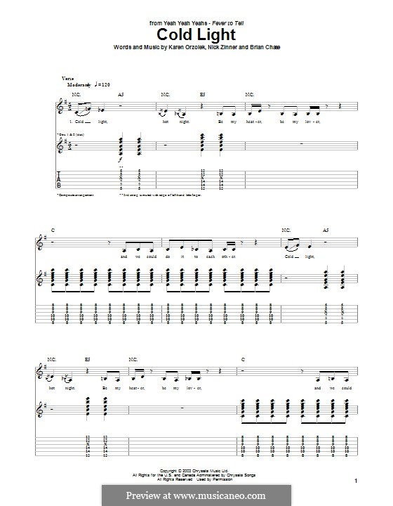 Cold Light (Yeah Yeah Yeahs): For guitar with tab by Brian Chase, Karen O, Nicholas Zinner