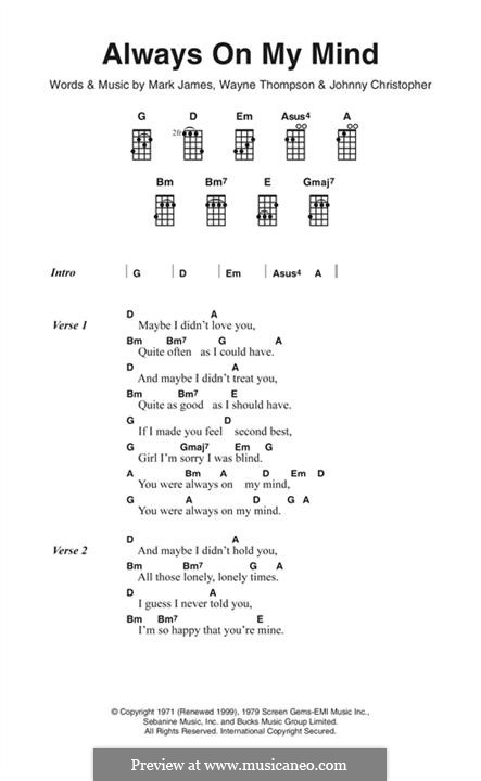 Always on My Mind: Lyrics and chords by Johnny Christopher, Mark James, Wayne Carson Thompson