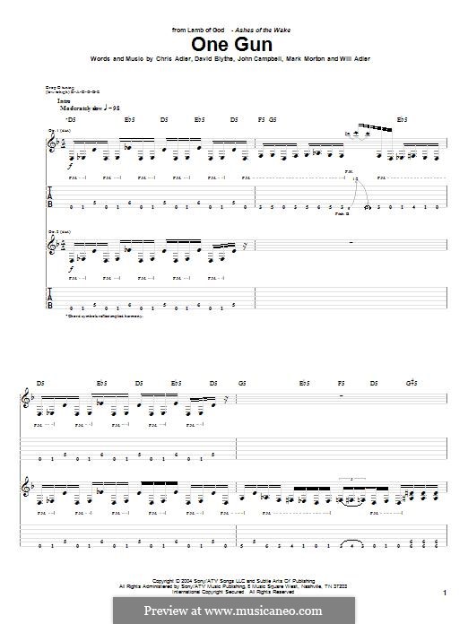 One Gun (Lamb of God): For guitar with tab by Chris Adler, David Blythe, John Campbell, Mark Morton, Will Adler