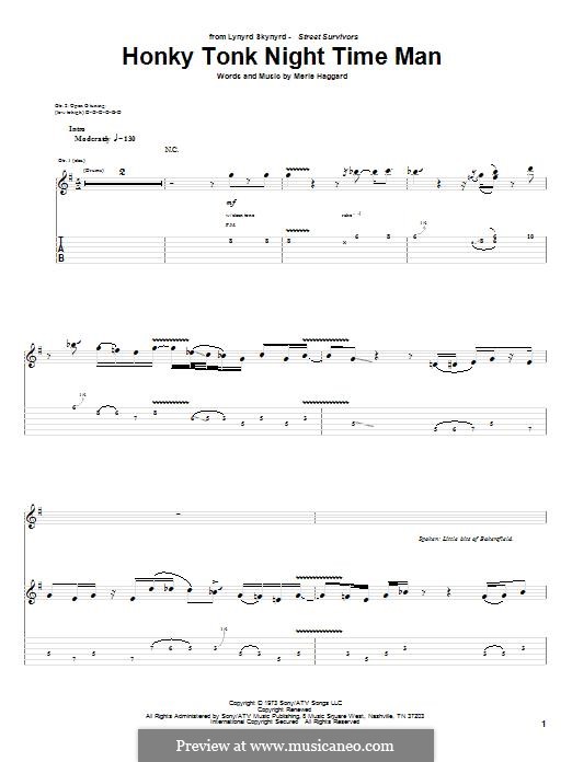 Honky Tonk Night Time Man (Lynyrd Skynyrd): For guitar with tab by Merle Haggard