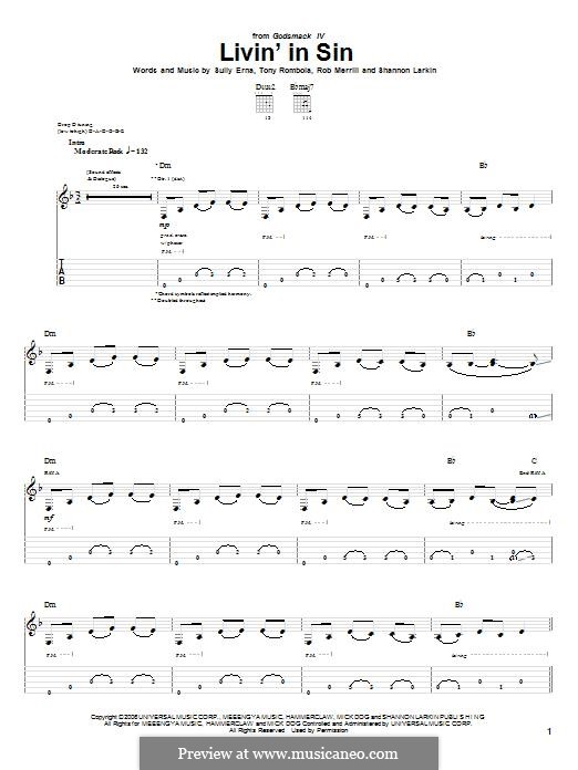 Livin' in Sin (Godsmack): For guitar with tab by James Shannon Larkin, Rob Merrill, Sully Erna, Tony Rombola