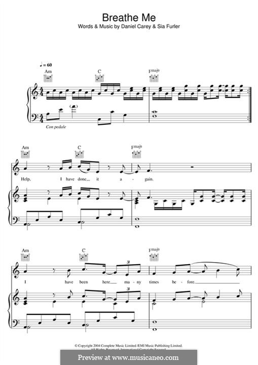 Breathe Me (Sia): For voice and piano (or guitar) by Daniel Carey, Sia Furler