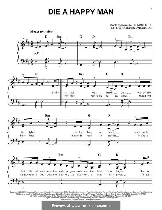 Die a Happy Man: For piano by Thomas Rhett, Sean Douglas, Joe Spargur