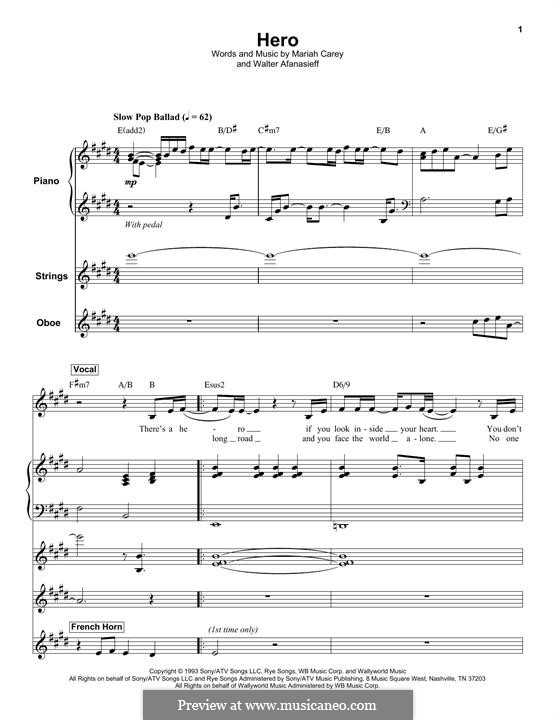 Hero: For voice, violin, oboe, piano, guitar by Mariah Carey, Walter Afanasieff