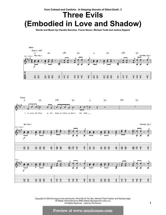 Three Evils / Embodied in Love and Shadow (Coheed and Cambria): For guitar with tab by Claudio Sanchez, Joshua Eppard, Michael Todd, Travis Stever