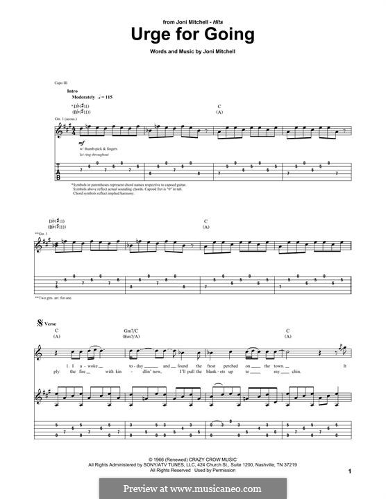 Urge for Going (Travis): For guitar with tab by Joni Mitchell
