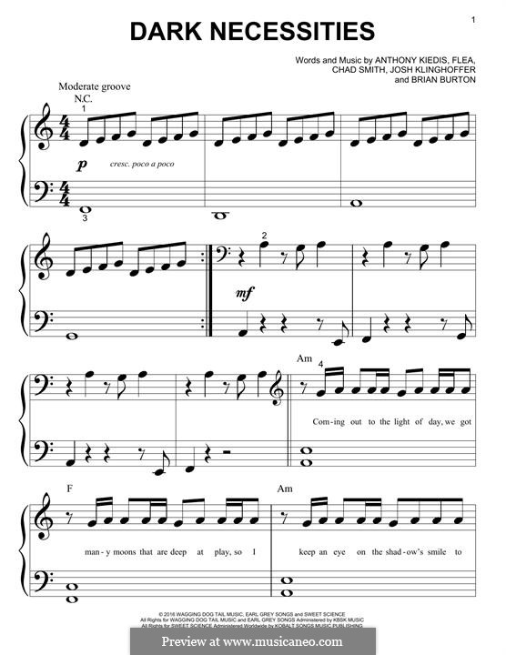 Dark Necessities (Red Hot Chili Peppers): For piano by Flea, Anthony Kiedis, Brian Burton, Chad Smith, Josh Klinghoffer
