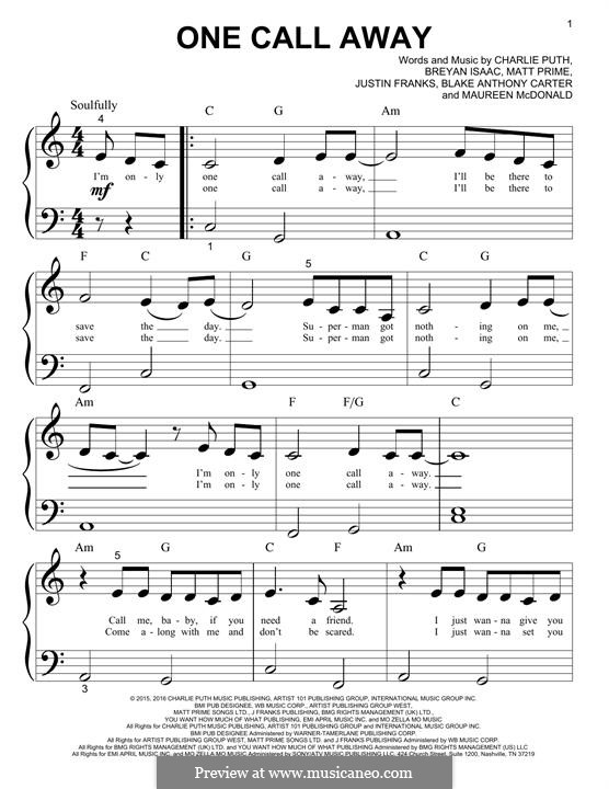 One Call Away: For piano by Justin Franks, Matthew Prime, Shy Carter, Breyan Isaac, Maureen McDonald, Charlie Puth