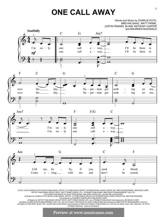 One Call Away: For piano by Justin Franks, Matthew Prime, Shy Carter, Breyan Isaac, Maureen McDonald, Charlie Puth