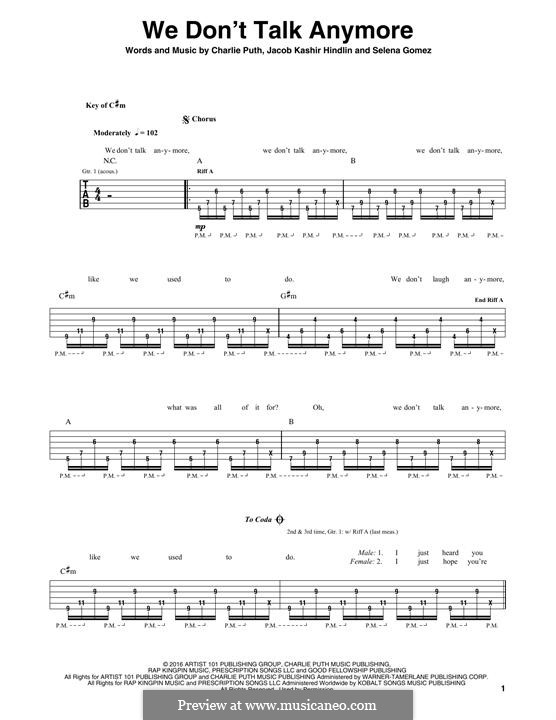 We don't Talk Anymore (Charlie Puth feat. Selena Gomez): For guitar with tab by Jacob Kasher Hindlin, Charlie Puth, Selena Gomez