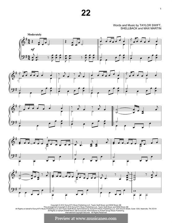 22: For piano by Taylor Swift