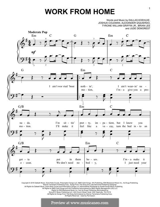 Work from Home (Fifth Harmony feat. Ty Dolla $ign): For piano by Brian Lee, Joshua Coleman, Dallas Koehlke, Claire Demorest, Tyrone Griffin, Alexander Izquierdo