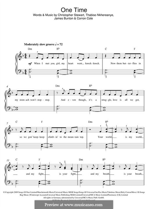 One Time (Justin Bieber): For piano by Tricky Stewart , Corron Ty Kee Cole, James Bunton, Thabiso Nkhereanye