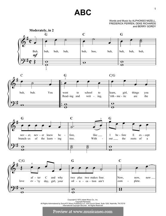 ABC (The Jackson 5): For piano by Alphonso Mizell, Berry Gordy, Deke Richards, Freddie Perren
