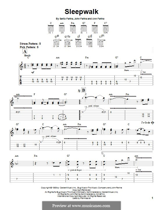 Sleepwalk (Santo & Johnny): For guitar with tab by Ann Farina, John Farina, Santo Farina