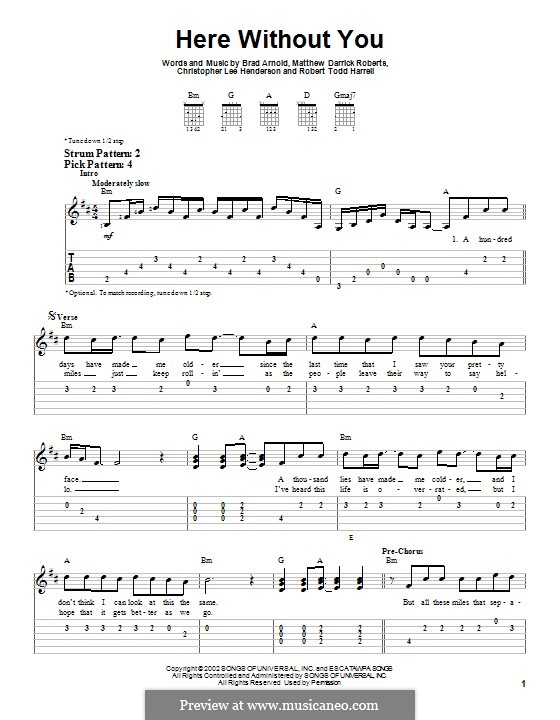 Here without You (3 Doors Down): For guitar with tab by Brad Arnold, Christopher Henderson, Matthew Roberts, Todd Harrell