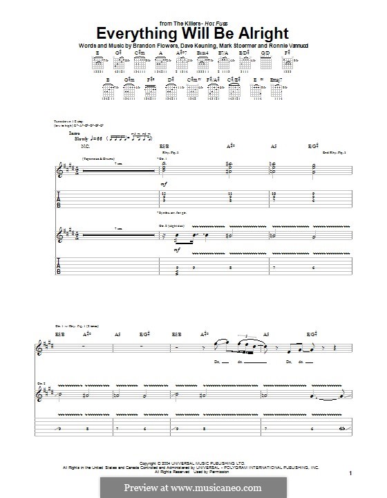 Everything will Be Alright (The Killers): For guitar with tab by Brandon Flowers, Dave Keuning, Mark Stoermer, Ronnie Vannucci
