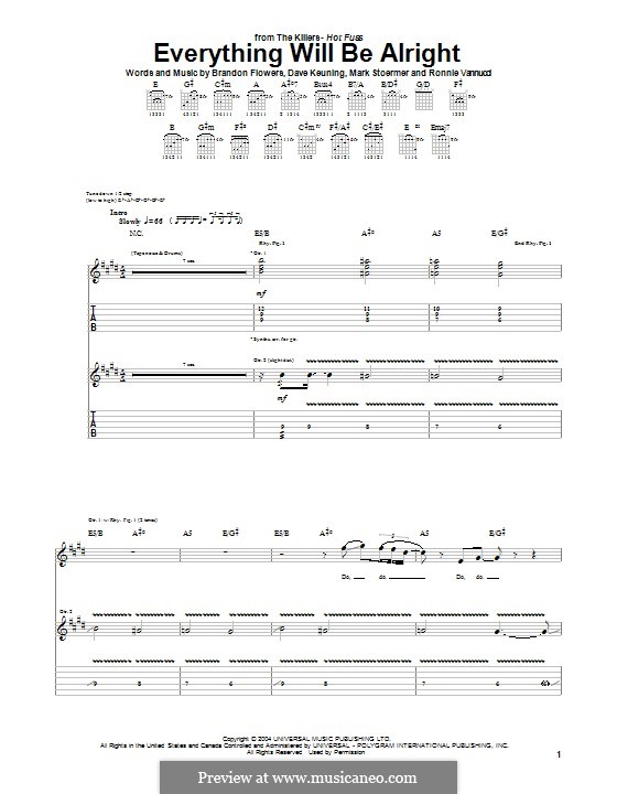 Everything will Be Alright (The Killers): For guitar with tab by Brandon Flowers, Dave Keuning, Mark Stoermer, Ronnie Vannucci