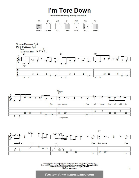 I'm Tore Down (Eric Clapton): For guitar with tab by Sonny Thompson