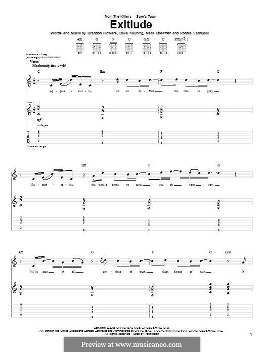 Exitlude (The Killers): For guitar with tab by Brandon Flowers, Dave Keuning, Mark Stoermer, Ronnie Vannucci