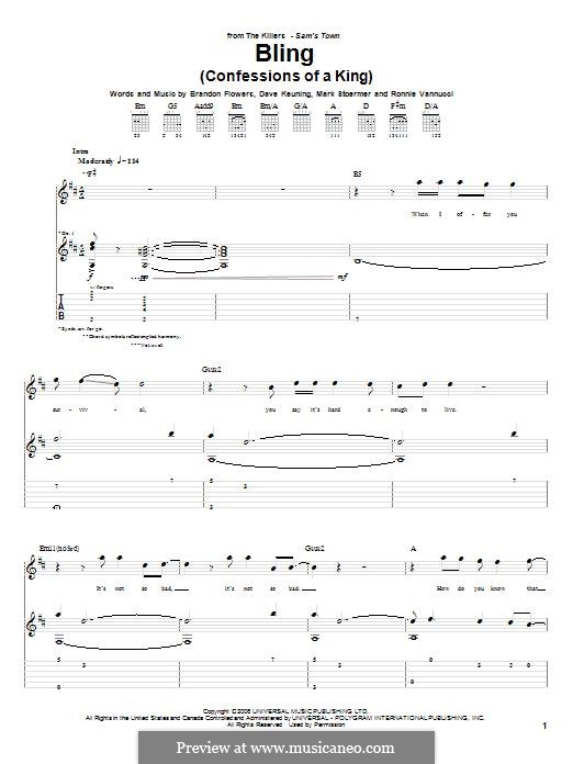 Bling (Confession of a King): For guitar with tab by Brandon Flowers, Dave Keuning, Mark Stoermer, Ronnie Vannucci