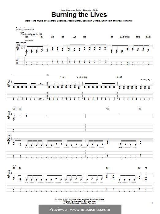 Burning the Lives (Shadows Fall): For guitar with tab by Brian Fair, Jason Bittner, Jonathan Donais, Matthew Bachand, Paul Romanko