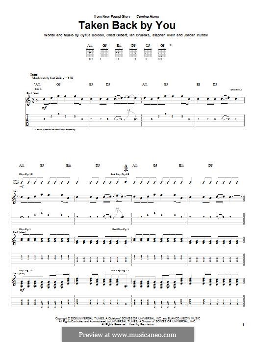 Taken Back By You (New Found Glory): For guitar with tab by Chad Gilbert, Cyrus Bolooki, Ian Grushka, Jordan Pundik, Stece Klein
