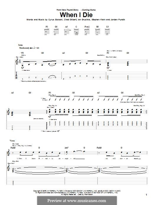 When I Die (New Found Glory): For guitar with tab by Chad Gilbert, Cyrus Bolooki, Ian Grushka, Jordan Pundik, Stece Klein