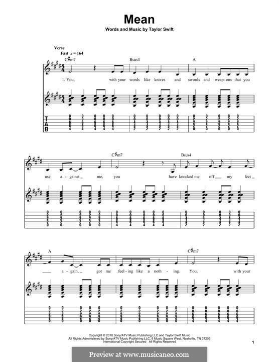 Mean: For guitar with tab by Taylor Swift