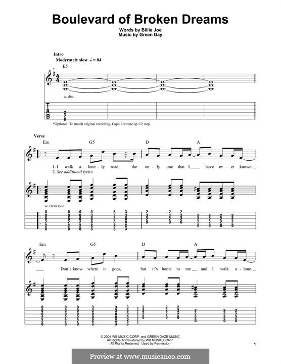 Boulevard of Broken Dreams (Green Day): For guitar with tab by Billie Joe Armstrong, Tré Cool, Michael Pritchard