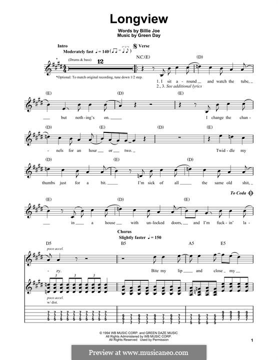 Longview (Green Day): For guitar with tab by Billie Joe Armstrong, Tré Cool, Michael Pritchard