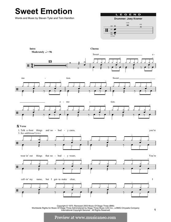 Sweet Emotion (Aerosmith): Drum set by Steven Tyler, Tom Hamilton