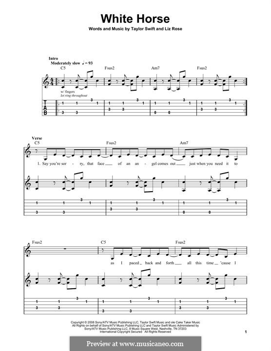 White Horse (Taylor Swift): For guitar with tab by Liz Rose