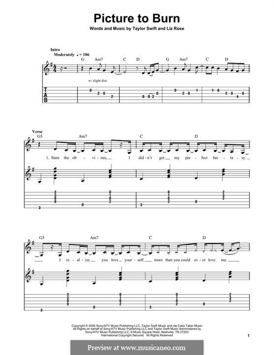 Picture to Burn (Taylor Swift): For guitar with tab by Liz Rose