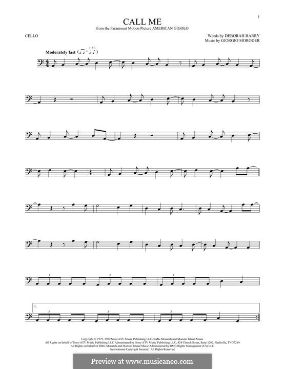 Call Me (Blondie): For cello by Deborah Harry, Giorgio Moroder