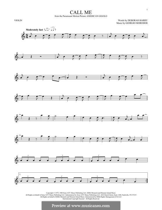Call Me (Blondie): For violin by Deborah Harry, Giorgio Moroder