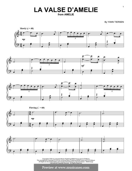 La Valse d'Amelie: For piano by Yann Tiersen