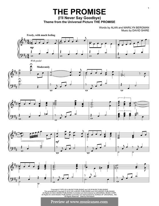The Promise (I'll Never Say Goodbye): For piano by David Shire