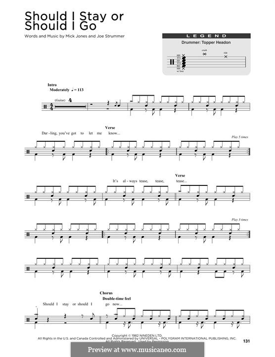 should i stay or should i go the clash by j strummer m jones on drum set sheet music