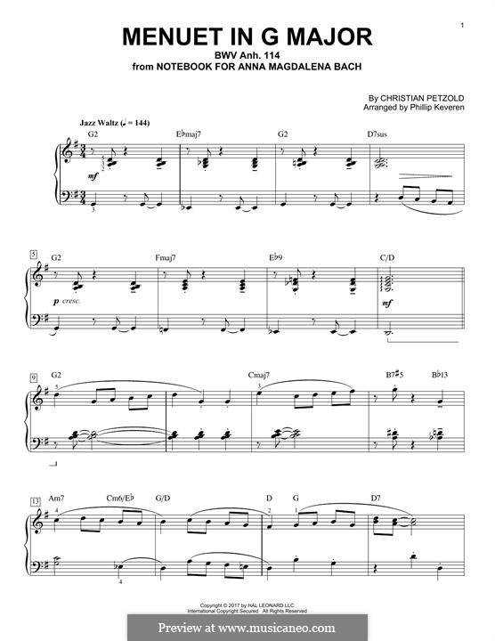 No.4 Minuet in G Major, for Piano, BWV Anh.114: For a single performer (by Phillip Keveren) by Johann Sebastian Bach