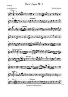Dance No.6 in D Flat Major: For string quartet – parts by Johannes Brahms