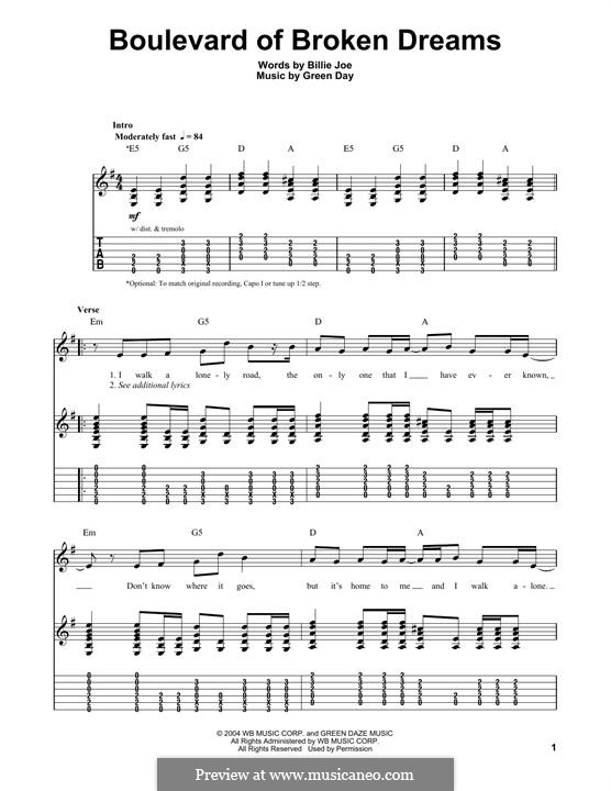 Boulevard of Broken Dreams (Green Day): For guitar with tab by Billie Joe Armstrong, Tré Cool, Michael Pritchard