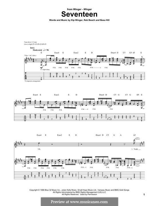Seventeen (Winger): For guitar with tab by Beau Hill, Kip Winger, Reb Beach